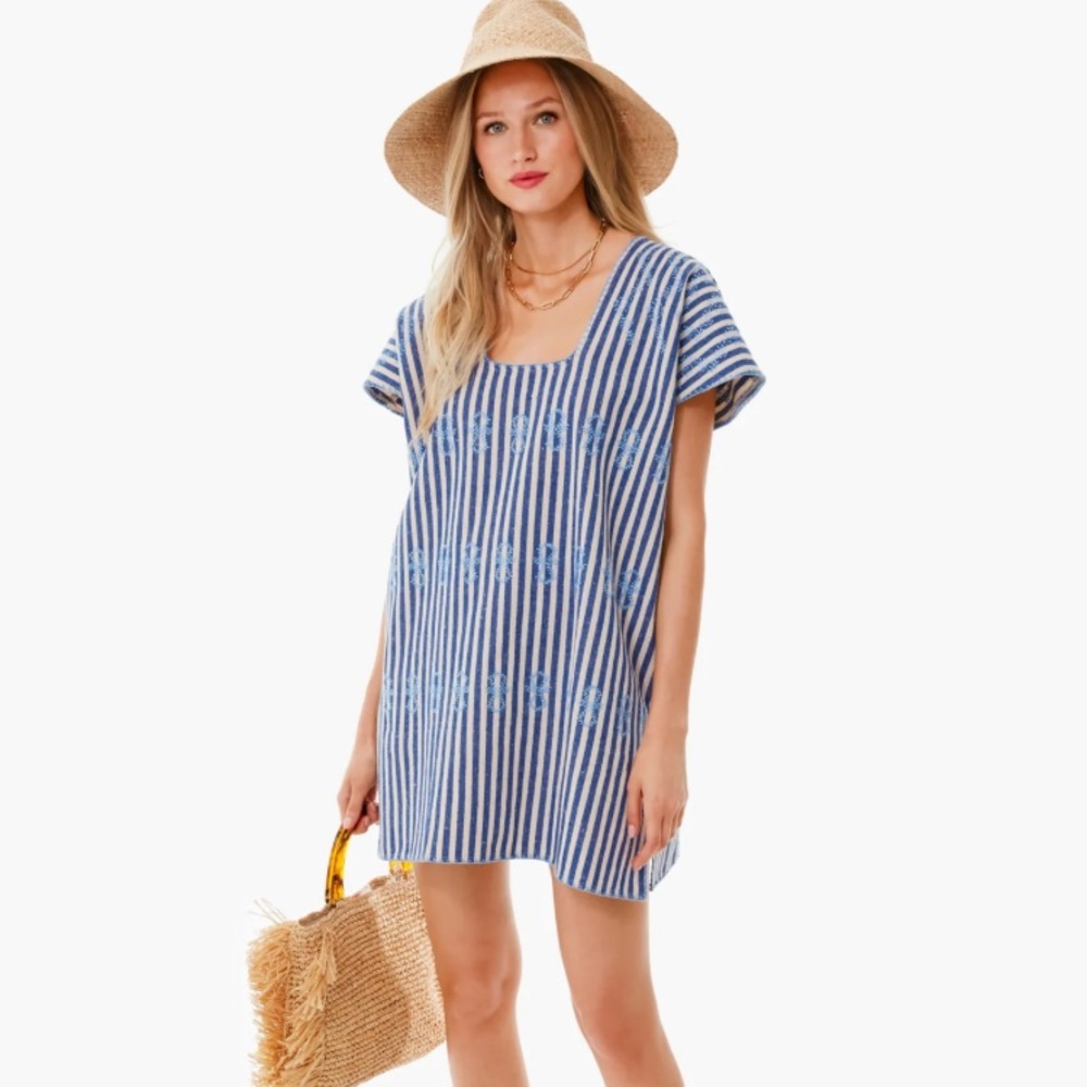 TUCKERNUCK Blue Stripe Mini Sullivan Embroidered Canvas Caftan, XS